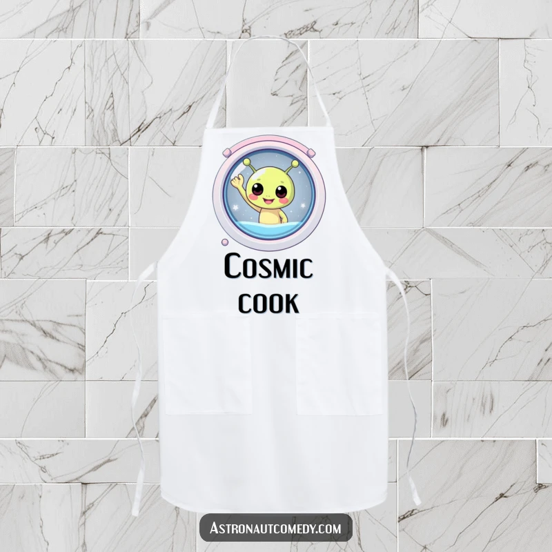 Funny apron with a round, beaming alien enthusiastically waving from a spaceship window, ready to cook with cosmic delight.