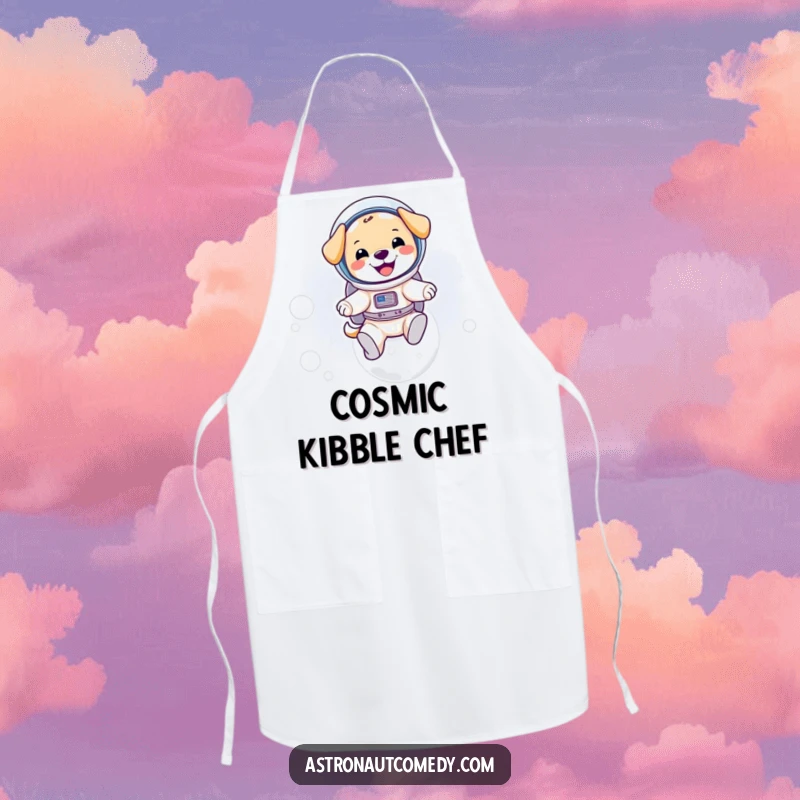 Funny apron showing a puppy astronaut in a spacesuit bouncing on the moon while cooking or grilling.