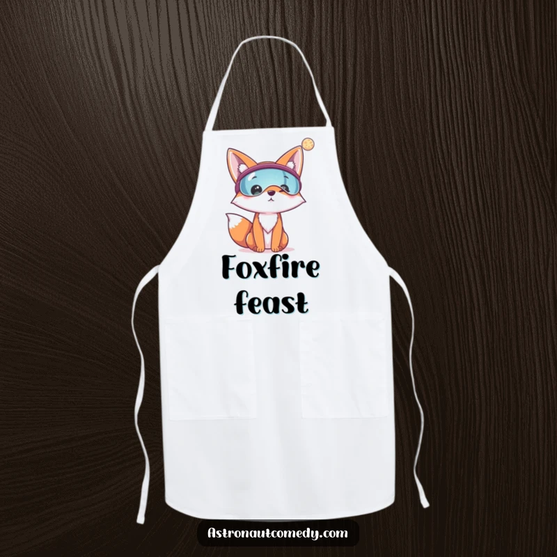 Funny apron depicting a cheerful fox wearing a visor, looking at a distant planet while preparing food.