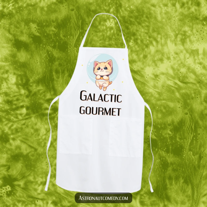 Funny apron depicting a curious cat in a bubble helmet floating in space, ready to cook cosmic cuisine.