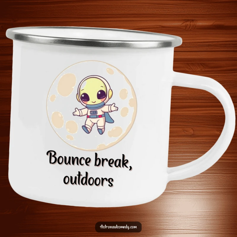 Funny camping mug with a beaming alien in a spacesuit performing a joyful bounce on the moon's surface.