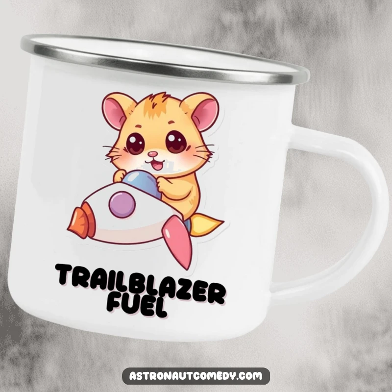 Funny camping mug with a determined hamster piloting a tiny rocket, perfect for outdoor drinks.