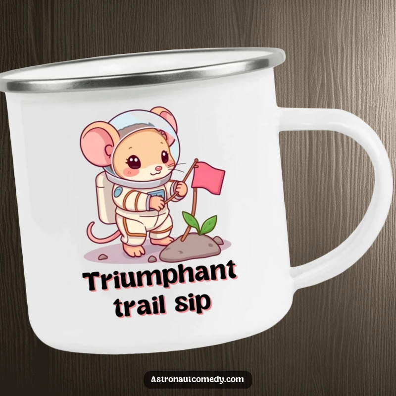 Funny camping mug with a brave mouse in a spacesuit planting a flag, perfect for outdoor drinks.