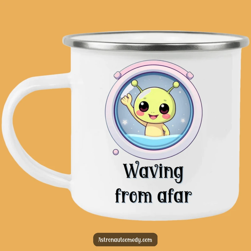 Funny Alien Camping Mug - Happy Waving Enamel Cup for Outdoor Adventures