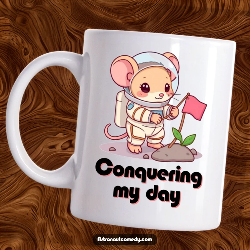 Funny mouse in a bulky spacesuit bravely plants a small flag on a new planet in this heroic mug design.