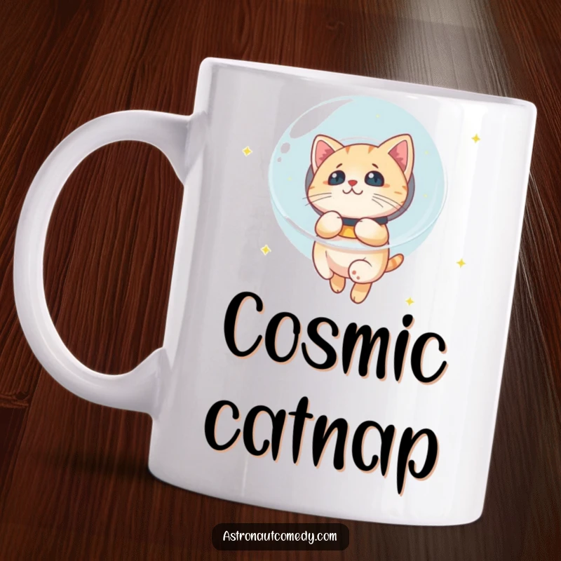Funny cat wearing a bubble helmet floats in space, gazing curiously at distant stars in this unique mug design.