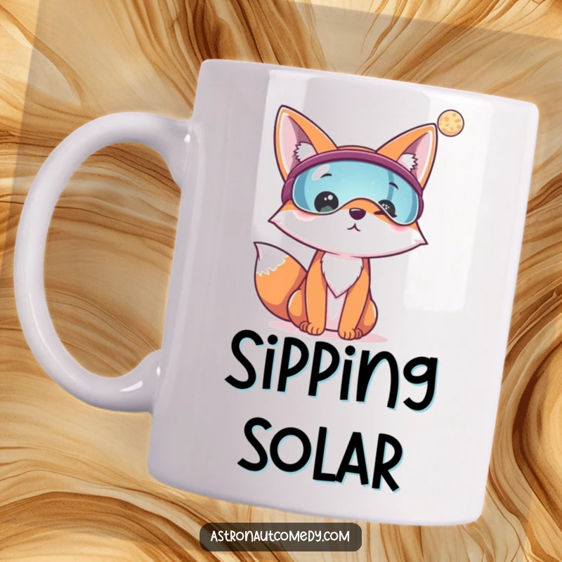 Funny fox wearing a visor cheerfully gazes at a distant planet in this delightful space-themed mug.