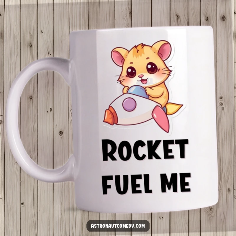 Funny hamster with wide eyes determinedly piloting a tiny rocket through space in this eye-catching mug design.