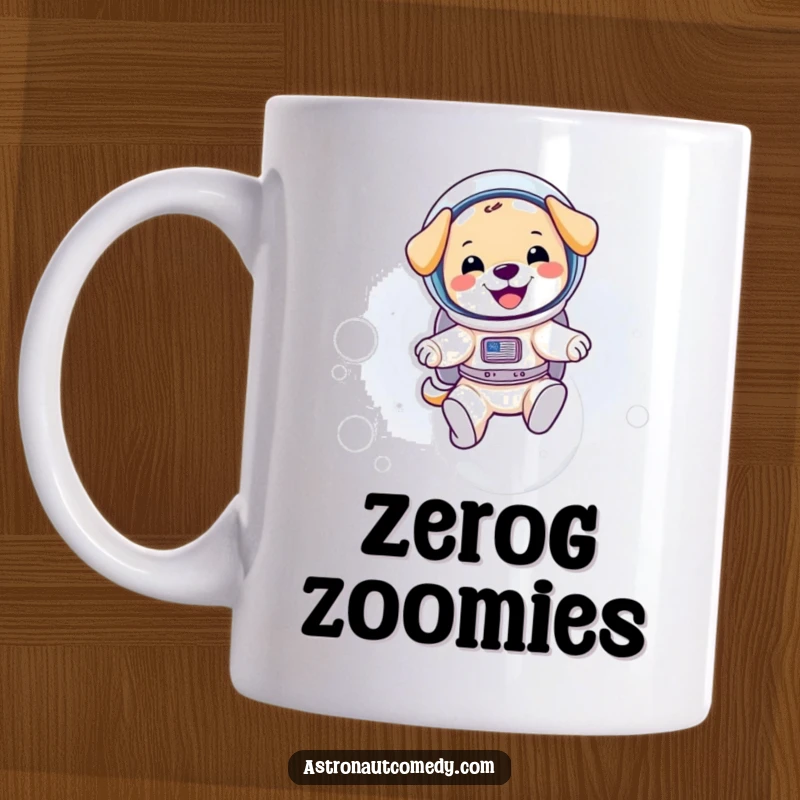 Funny puppy astronaut in a spacesuit joyfully bouncing on the moon, grinning widely, ready for a cosmic adventure.