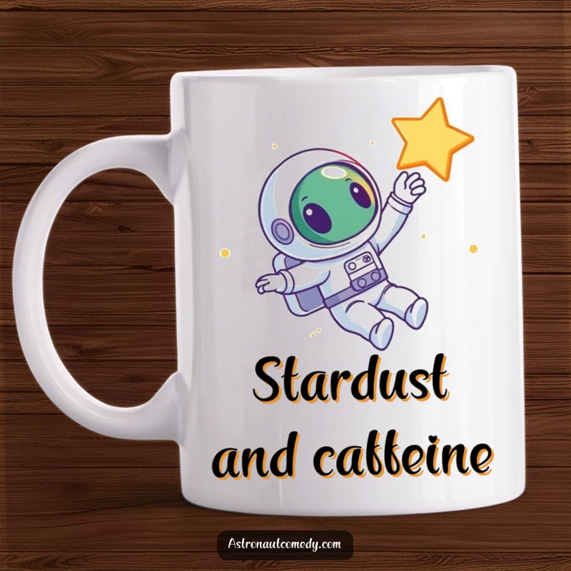 Funny mug showing a curious alien astronaut floating happily in the vastness of space, stretching an arm towards a sparkling star.