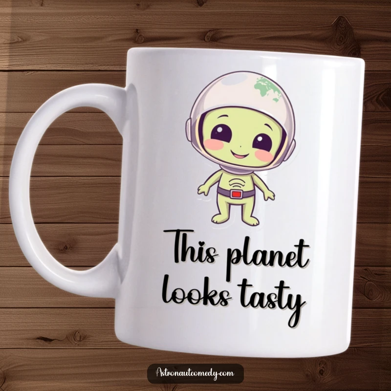 Funny mug with a smiling alien wearing a helmet, looking down at planet Earth with eyes wide in wonder and curiosity.