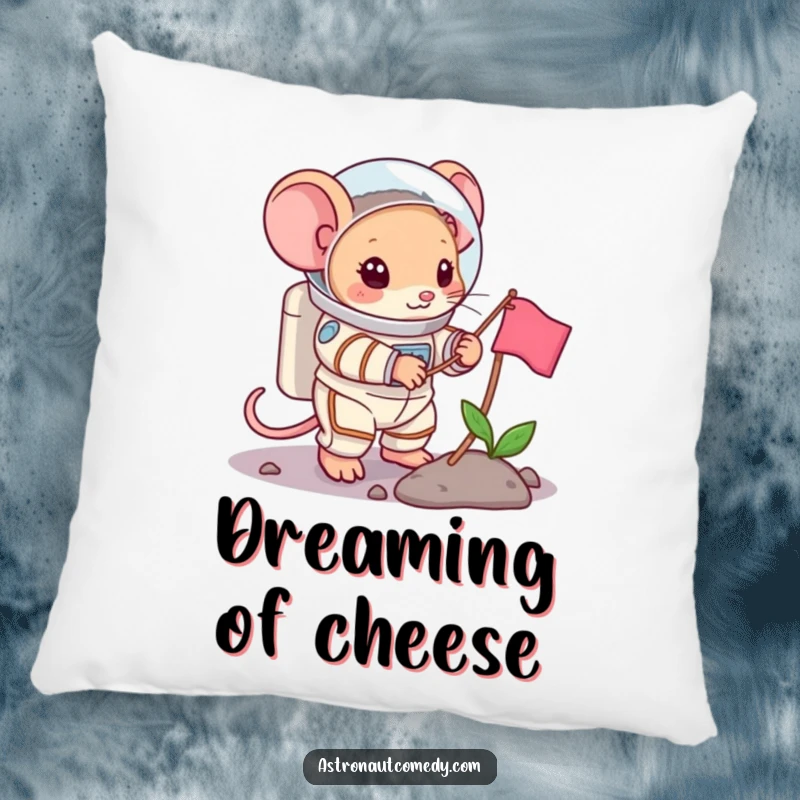 Funny, soft pillow featuring a brave mouse in a spacesuit planting a flag, perfect for cozying up.