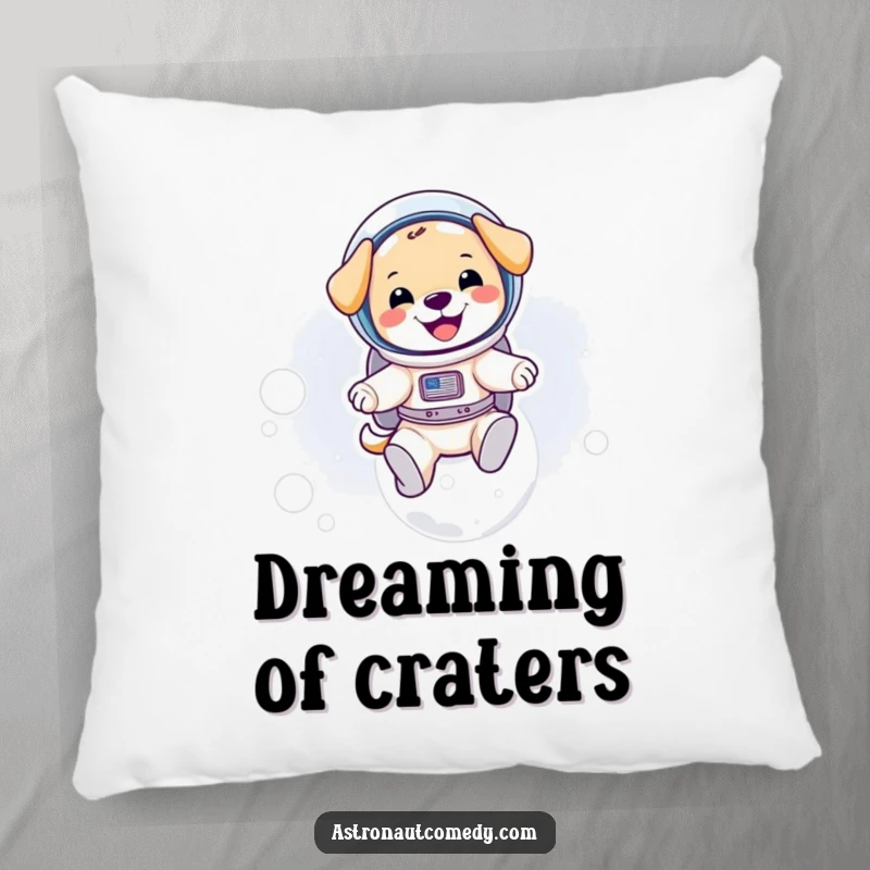 Funny and soft pillow featuring a puppy astronaut in a spacesuit bouncing on the moon, perfect for lounging.