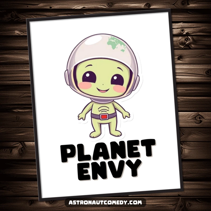 Funny digital art print of a smiling alien wearing a helmet, observing planet Earth with a look of pure wonder.