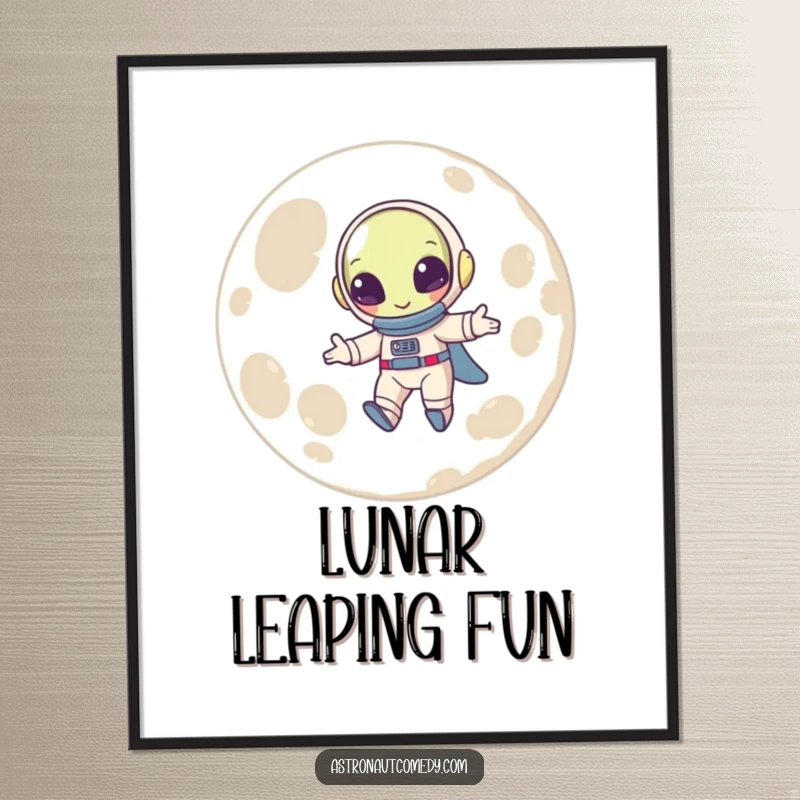 Funny digital art print of a beaming alien in a spacesuit joyfully bouncing on the surface of the moon.