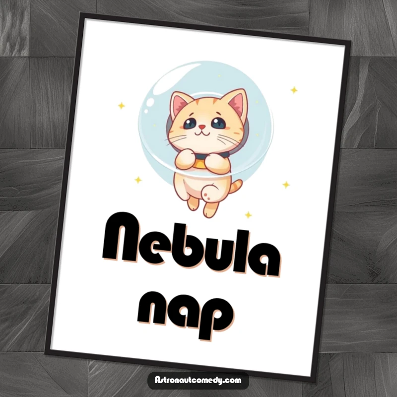 Funny digital art of a curious cat in a bubble helmet floating in space, gazing at a star-filled universe.