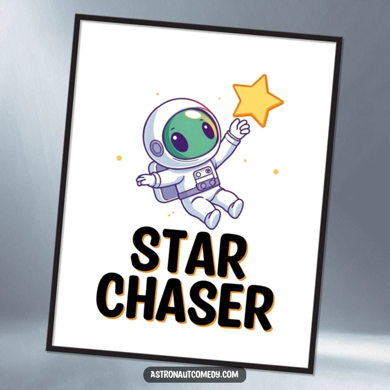Funny digital art print of a curious alien astronaut floating in space, happily reaching towards a distant, glimmering star.