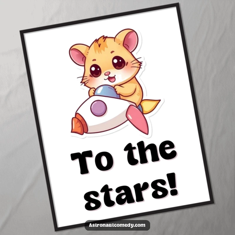 Funny digital art of a determined hamster with wide eyes piloting a tiny rocket, a great printable for inspiration.