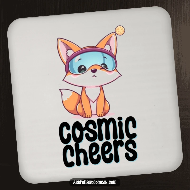 Funny drink coasters featuring a cheerful fox wearing a visor, looking at a distant planet, protecting tables.