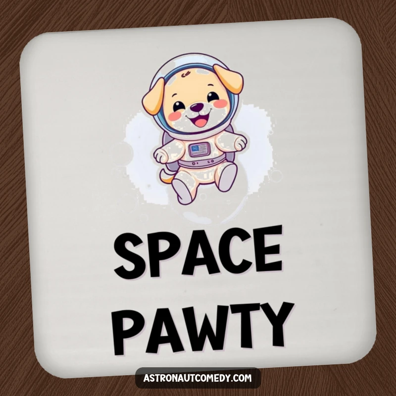 Funny drink coasters featuring a puppy astronaut in a spacesuit bouncing on the moon, protecting furniture with style.