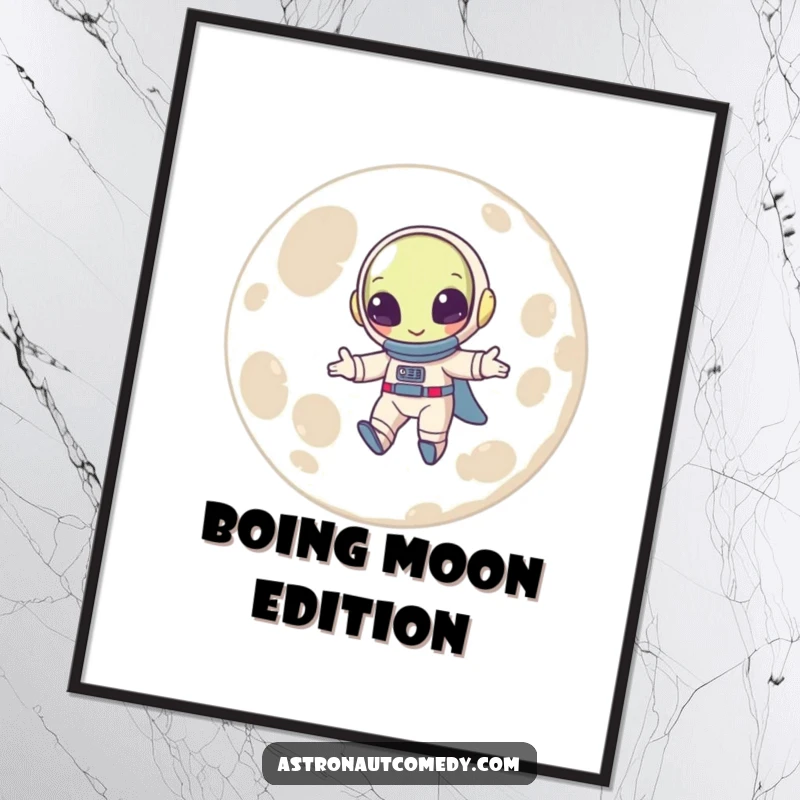 Funny poster illustrating a happy alien in a spacesuit gleefully bouncing with each step on the desolate moon.