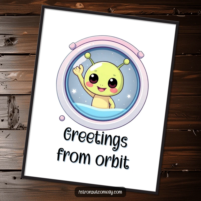 Funny poster depicting a round, ecstatic alien with prominent antennae waving enthusiastically from a spaceship's viewing portal.