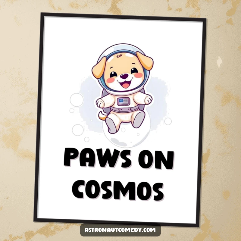 Funny poster art of a puppy in a spacesuit joyfully bouncing on the moon with an infectious, wide grin.