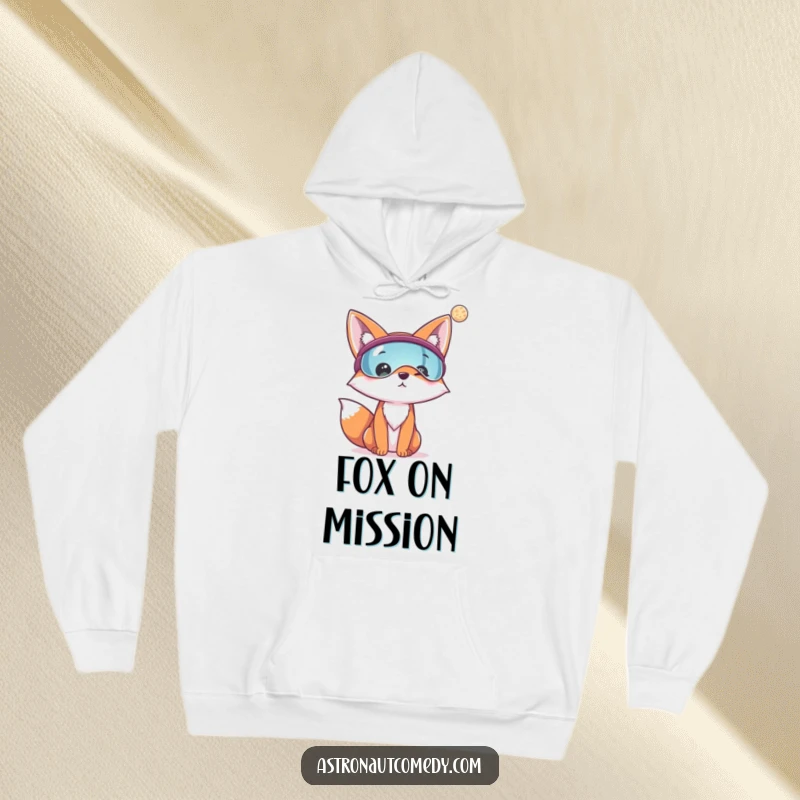 Funny and warm hoodie featuring a cheerful fox wearing a visor, looking towards a distant planet in space.