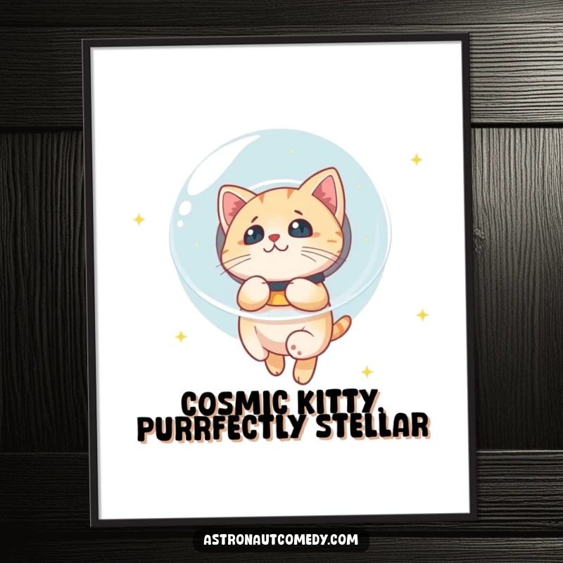 Funny Free Printable Cat Space Wall Art: A curious cat's face fills a bubble helmet as it gazes thoughtfully at distant, twinkling stars.