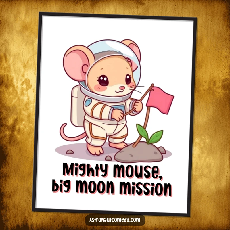 Funny Free Printable Mouse Space Wall Art: A brave mouse in a bulky spacesuit proudly plants a small flag on an alien surface.