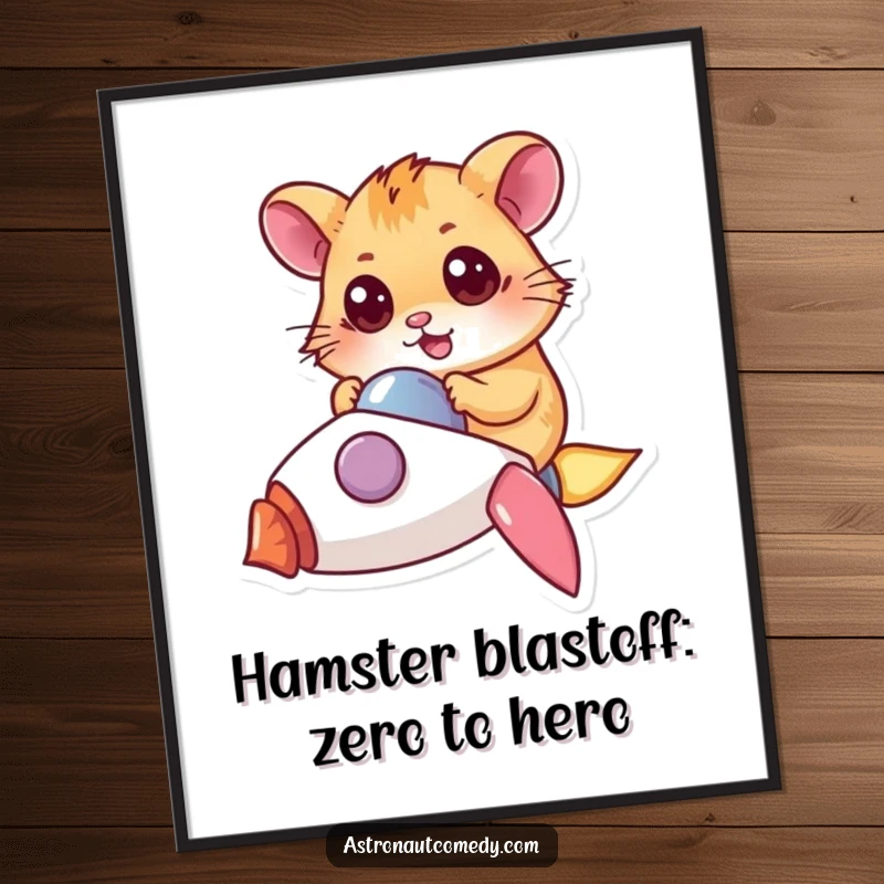 Funny Free Printable Hamster Rocket Wall Art: A determined hamster with wide, excited eyes pilots a small, powerful rocket through space.