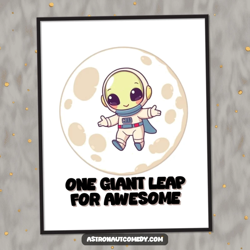 Funny Free Printable Wall Art: a beaming alien in a spacesuit joyfully bounces high on the lunar surface.