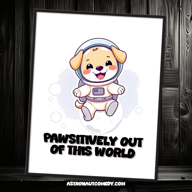 Funny Free Printable Puppy Space Wall Art: A joyous puppy in a fully equipped spacesuit gleefully bouncing on the moon’s surface.