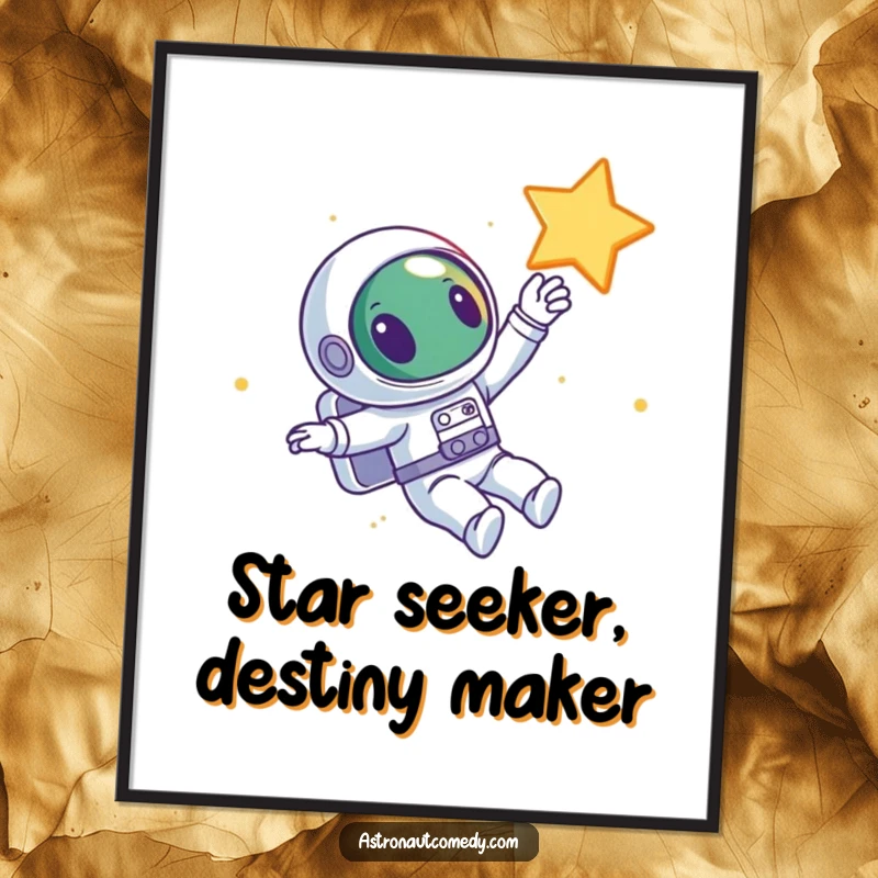 Funny Free Printable Wall Art: a curious alien astronaut floats joyfully in deep space, reaching a hand towards a twinkling star.