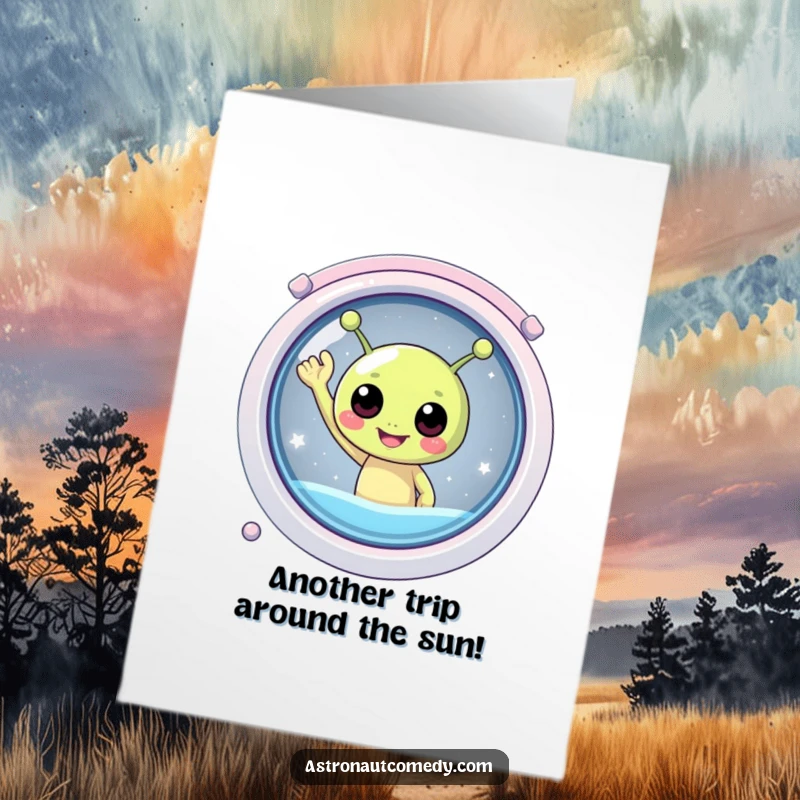 Funny Free Printable Birthday Card featuring a round, happy alien with antennae waving excitedly from a spaceship window.