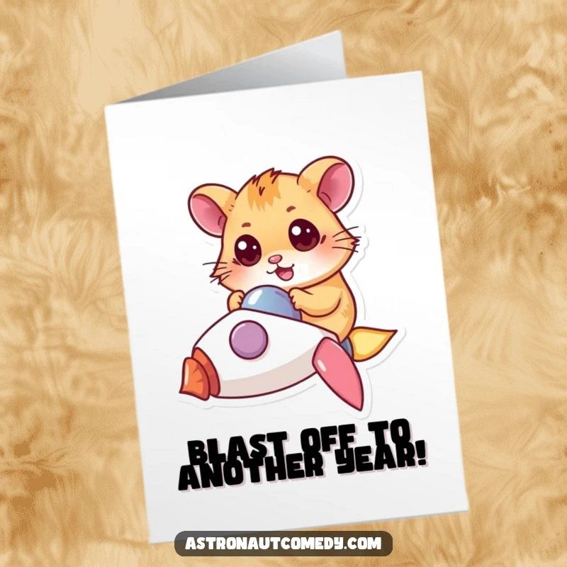 Funny Free Printable Hamster Birthday Card: Determined hamster pilots a tiny rocket, eyes wide with birthday excitement.