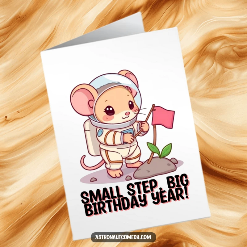 Funny Free Printable Mouse Birthday Card: Brave mouse in spacesuit plants flag, celebrating a birthday adventure.