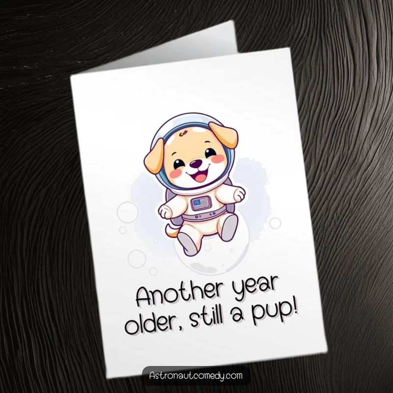 Funny Free Printable Puppy Birthday Card: Adorable dog in a spacesuit joyfully bouncing on the moon, ready to make someone smile.