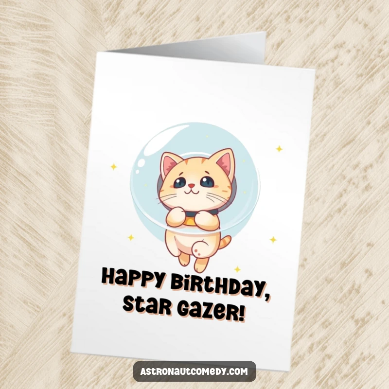 Funny Free Printable Cat Birthday Card: Curious cat in a bubble helmet floats among stars, wishing a happy birthday.