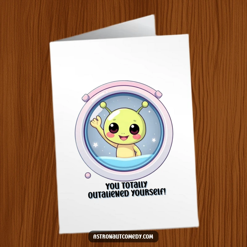 Funny Free Printable Congratulations Card with a round, happy alien waving enthusiastically from a spaceship viewport.