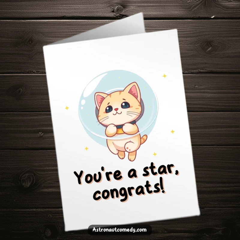 Funny Free Printable Cat Congratulations Card: A cat in a bubble helmet gazes at stars, celebrating a great success.