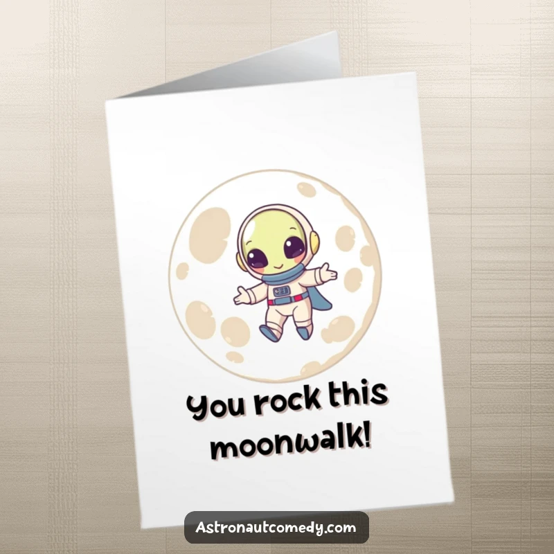 Funny Free Printable Congratulations Card: a beaming alien in a spacesuit does a happy bounce on the moon.