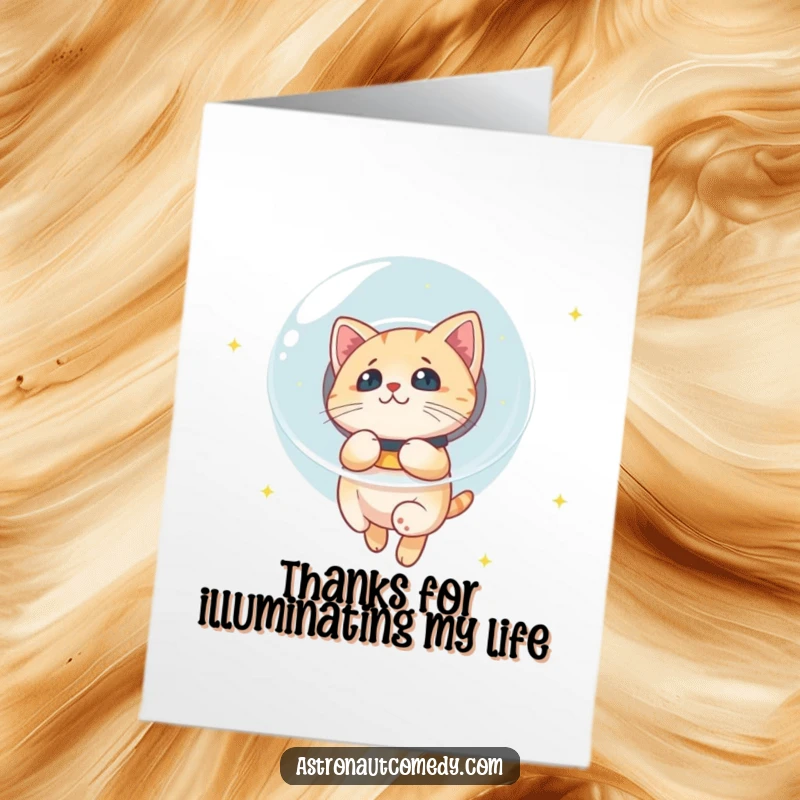 Funny Free Printable Cat Thank You Card: A curious cat in a space helmet looks at stars, expressing deep thanks.