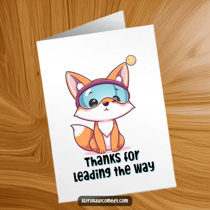 Funny Free Printable Fox Thank You Card: Cheerful fox with a visor gazes at a distant planet, conveying deep thanks.