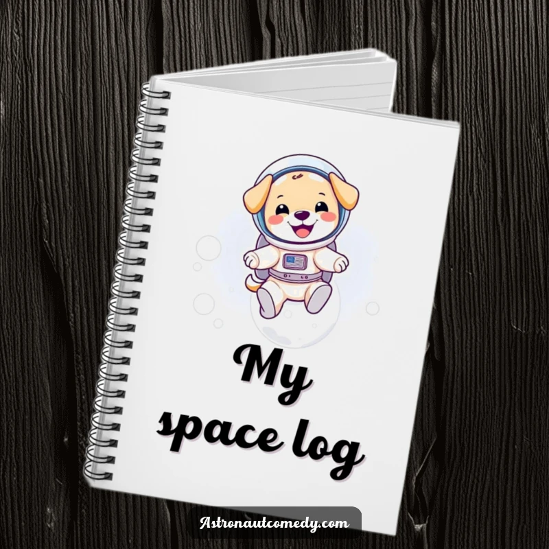 Funny puppy astronaut notebook cover, featuring a pup in a spacesuit bouncing on the moon, ready for notes.