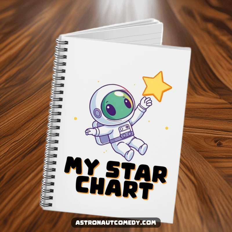 Funny notebook showing a curious alien astronaut floating in space, reaching out towards a bright star, ideal for journaling.
