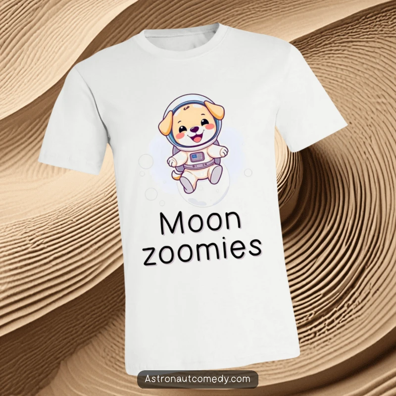 Funny image of a playful puppy in a spacesuit gleefully bouncing on the moon with a huge, happy grin.