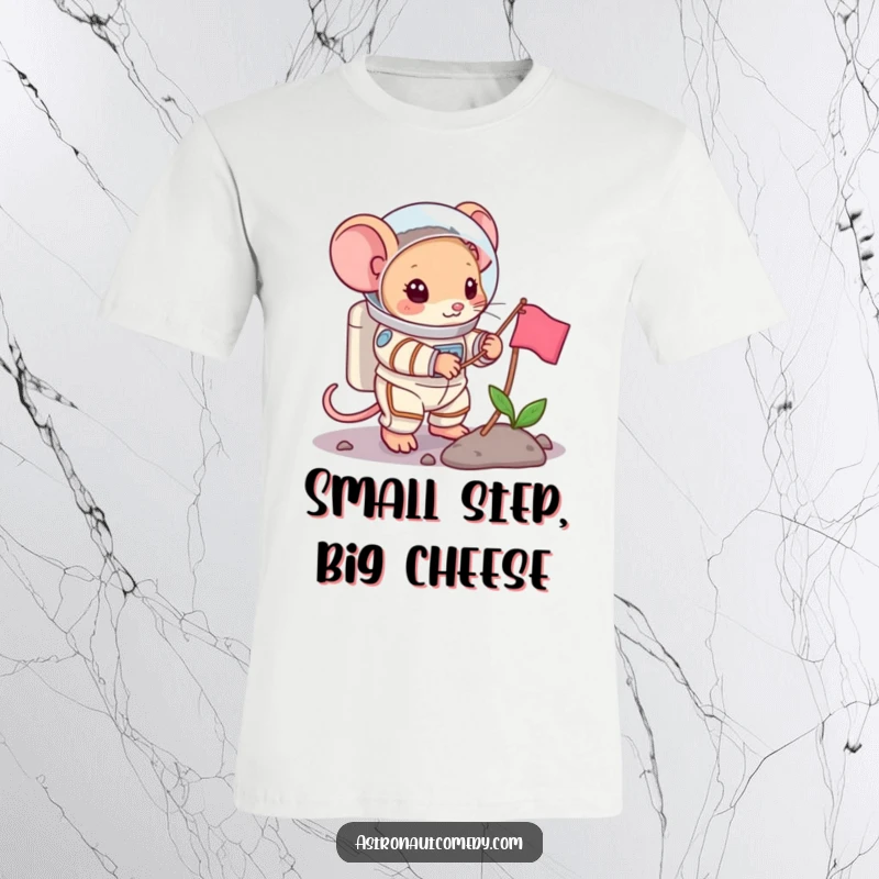 Funny t-shirt graphic of a brave mouse in a bulky spacesuit planting a small flag on an alien landscape.