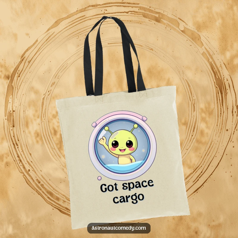 Funny tote bag with a large, beaming alien giving an excited wave from its spacecraft window, perfect for carrying groceries.