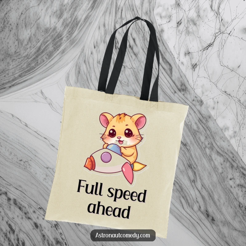 Funny tote bag featuring a determined hamster with wide eyes piloting a small rocket through the cosmos.